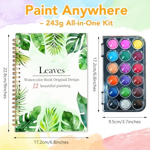 Easy Watercolor Workbook for Beginners - 12 Beautiful Step-by-Step Paintings Water Coloring Book, Includes 18 Colors Paints, Relaxing Art Projects and Creative Gift for Adults & Teen (Leaves)