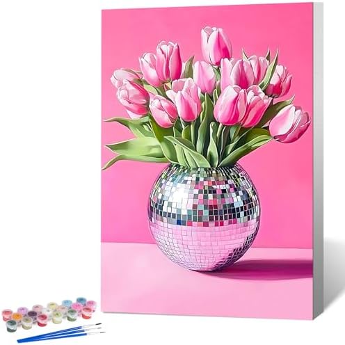 Framed Paint by Numbers Kit for Adults, Disco Ball & Flower Decor 8x12 Inch