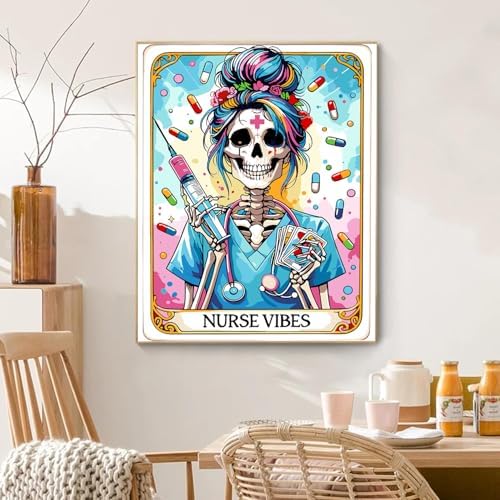GOUOYANA Paint By Numbers Kit for Adults-Skull Nurse Vibes Funny Canvas | Adult Paint by Number Kits on Canvas for Painting DIY Skull NURSE VIBES Painting Art by Numbers for Home Wall Art Gift12X16in
