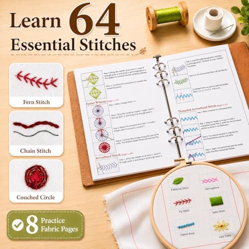 Ogioxam Embroidery Stitch Book Kit for Beginners, Hand Embroidery Kits for Adults, Embroidery Book Kit for Beginners