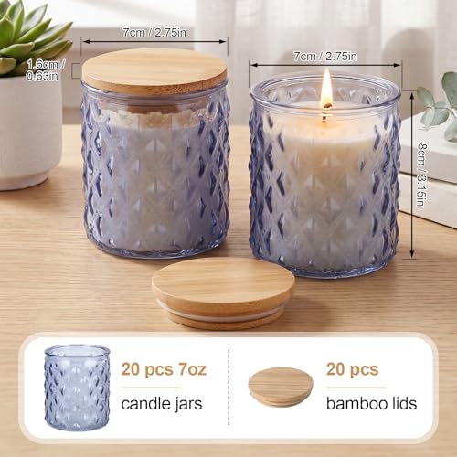 Acellegic 20 Pack Blue Candle Jars for Making Candles 7 oz Empty Glass Jars with Bamboo Lids Cylindrical Candle Containers Bulk for DIY, Table Decor, Wedding Party