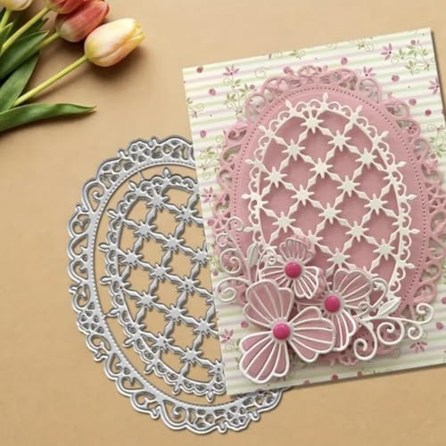 Scrapbooking Die-Cuts, Layer Frame Net Set Metal Cutting Dies for Card Making, Paper Craft Template, Background Embossing Stencils, DIY Album Décor (Oval Lace Grid Frame-13.2x10cm)