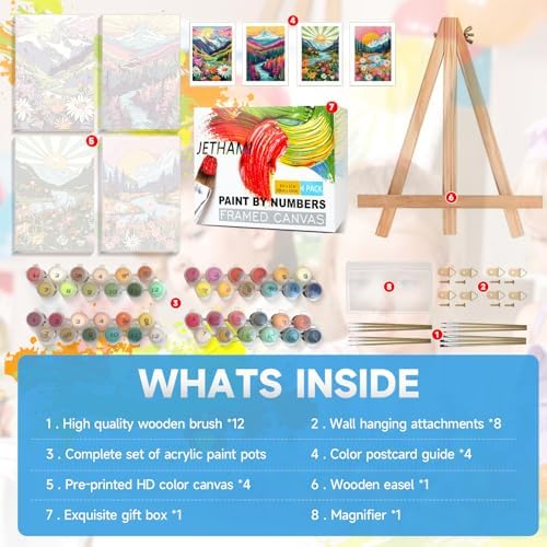 Jethami 4 Pack Landscape Paint by Numbers Kit for Adults with Framed 8x12in | Easy to piant for beginners elderly, with Easel & Magnifying glass, Relaxing & Stress relief, canvas, Home wall decor