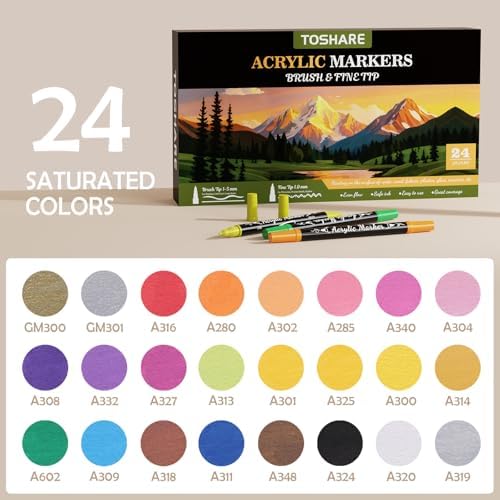 24 Colors Precision Dual Tip Acrylic Paint Markers Pens - Brush & Fine | Performs on Rock, Wood, Paper, Fabric, Egg, Scrapbook, Glass, Ceramic, Canvas, DIY Crafts Art Gift - School Supplies