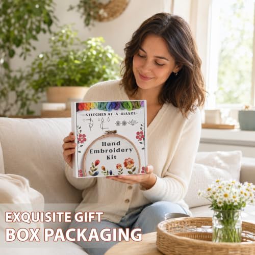 A Year of Doodles Embroidery Kit for Beginners Adults, 12-Month Seasonal Icon Wheel Easy Cross Stitch Kit Easy All-Year Round Embroidery Starter Kits with Wooden Hoop Needles Threads and Instruction