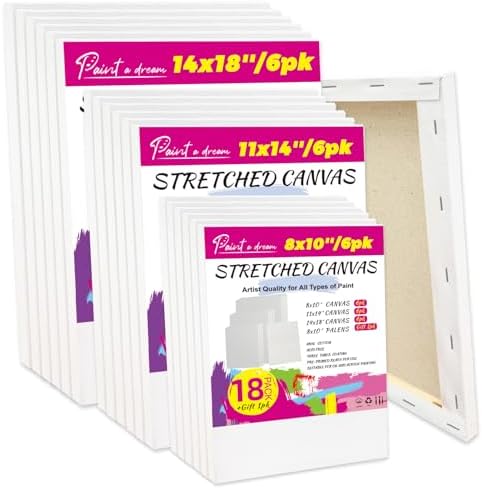 18Pack 8x10/11x14/14x18 inch Stretched Canvas for Painting, Triple Primed White Canvas for Painting, 5/8" Profile Cotton Professional Artist Quality Blank Canvas,Art Supplies for Acrylic, Oil