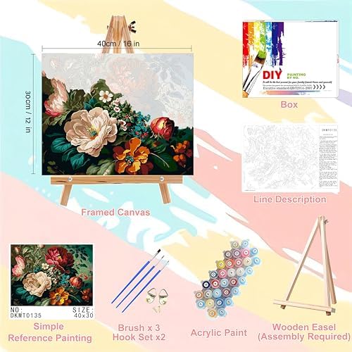 Peony Paint by Numbers for Adults with Framed Canvas - with Wooden Easel
