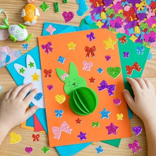875PCS Glitter Foam Stickers, Colorful Heart & Star & Bow Stickers, Self-Adhesive Foam Stickers for Scrapbooking Card Making Birthday Party Classroom Decor Art Supplies (7 Colors)