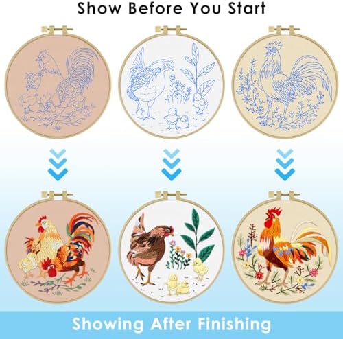 ERKOON 3 Sets Embroidery Kit, Floral Cross Stitch Set for Include Embroidery Cloth Hoops Threads for Craft Lover Hand Stitch (Rooster)