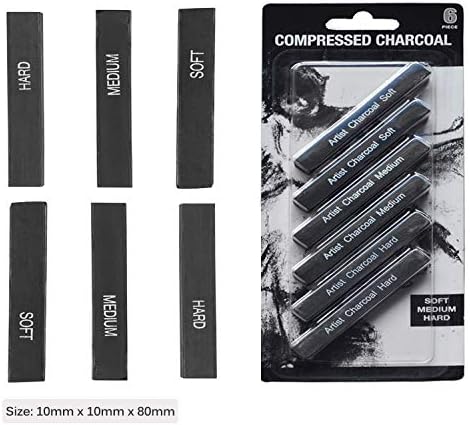 Artist Compressed Charcoal Stick Assorted Soft Medium Hard Artist Charcoal Medium for Drawing Sketching Shading, Art Supplies Sketch Kits Tools Pack of 6