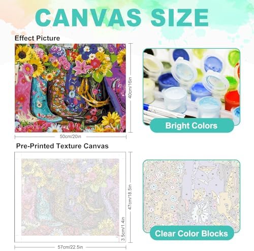GEEHEIY Paint by Numbers Kit for Adults, Floral Cowboy Boots, 16 x 20 Inch | DIY Adult Paint by Number Kit on Canvas for Beginners, without Frame, Western Country Wall Decor, Stress Relief Craft Gift
