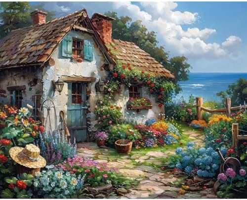 KYOQFVN Riverside Cottage Paint by Numbers Kit for Adults Beginner - Easy Acrylic Adult Painting Kits on Canvas, Flower Paint by Number Kits for Home Decor 16x20inch