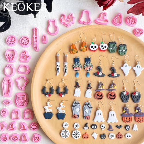 Keoker Halloween Polymer Clay Cutters, Polymer Clay Cutters Halloween, 30 Shapes Halloween Clay Cutters for Earrings, Pumpkin Clay Cutters for Polymer Clay Jewelry, Mini Clay Cutters