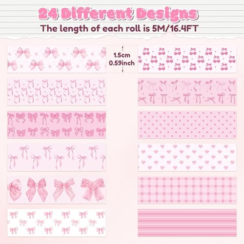 12 Rolls Pink Coquette Washi Tape Strong Adhesion for Journals