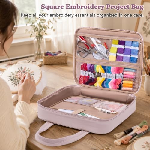 Puffy Embroidery Project Bag, Quilted Embroidery Floss Organizer for Hoops up to 11", Cross Stitch Project Storage Case for Needlepoint Project, Thread & Stitch Tools