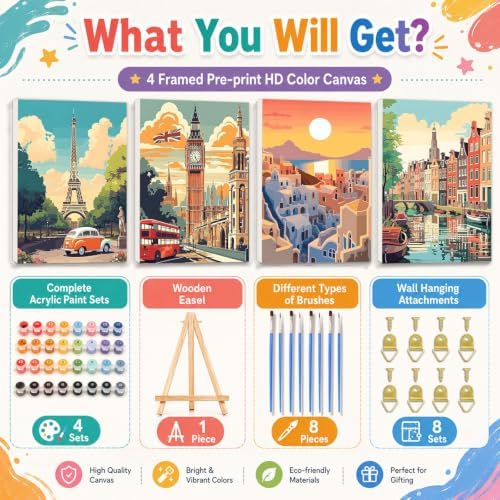4 Pack Cityscape Framed Paint by Numbers Kit for Adults with Easel 8x12 in