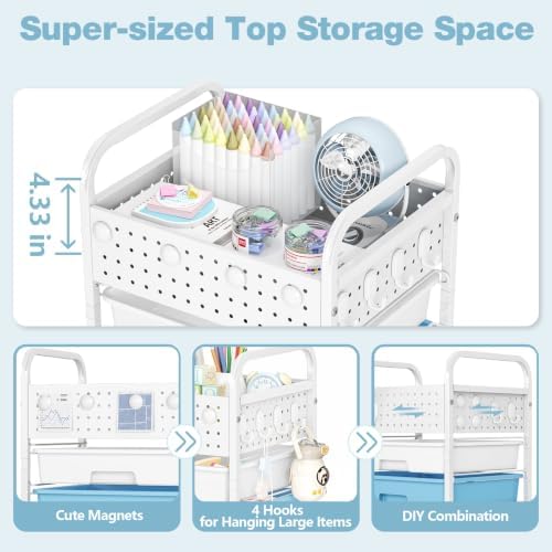 5 Drawer Rolling Storage Cart with Pegboard Top and Hooks, Ice Cream