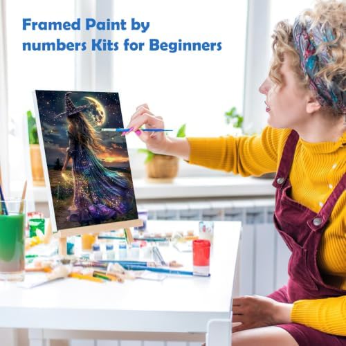MOGTAA Halloween Paint by Numbers Kit for Adults Beginners with Frame, Witch Adult Paint by Number Kits on Canvas with Easel, Easy DIY Starry Night Oil Painting Kits for Home Decor, 8x12in