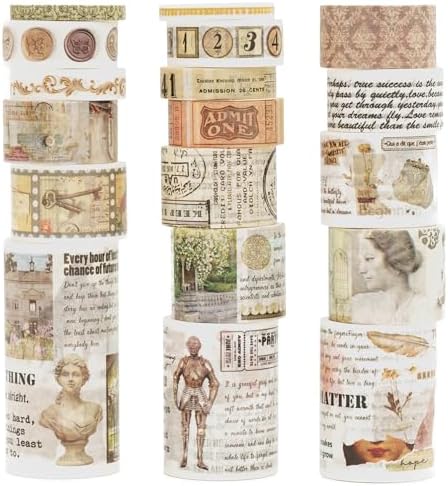18 Rolls Vintage Washi Tape Pack Retro Arts Adhesive Tapes Wide Monologue Decorative Masking Tape Sets for Craft, Kids, Scrapbook, DIY, Gift Wrapping (Story Collections)