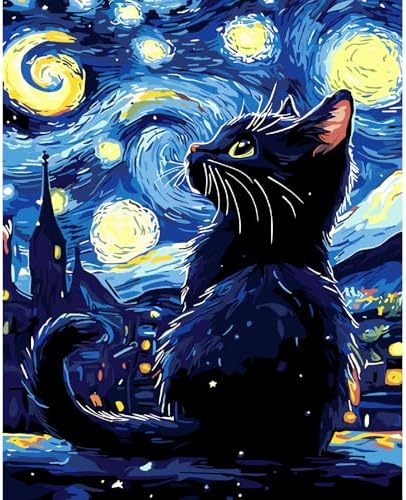 AALBLAC Black Cat Paint by Numbers Kit for Adults Beginners, Cat Adult Paint by Number Kits on Canvas, DIY Acrylic Starry Night Oil Painting for Home Wall Decor 16x20 Inch