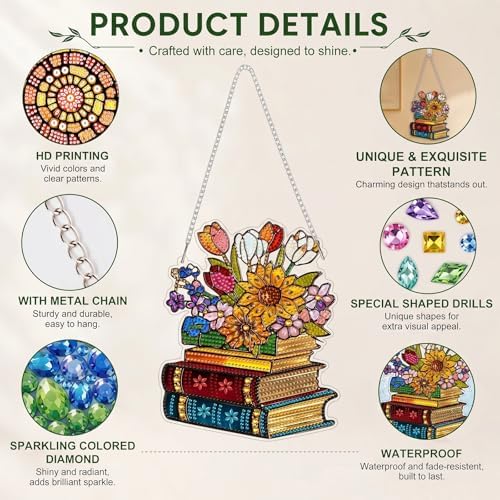 HMZephitiquc Flower Hanging Diamond Art Kits for Adults, Special Shaped Crystal Books Diamond Painting Suncatchers, 5D Gem Art, Sun Catchers DIY Craft Kits for Gift Home Decor