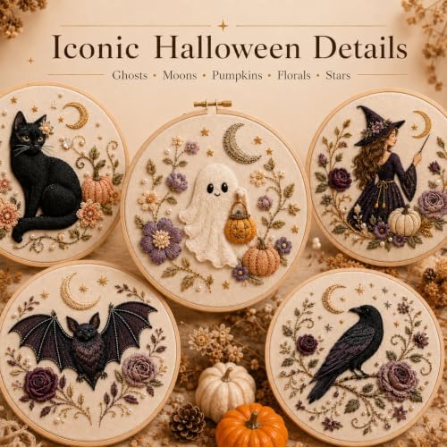 Halloween 3D Embroidery Hoop Decor Cozy Handmade-Style Fall Wall Art (Cat)
