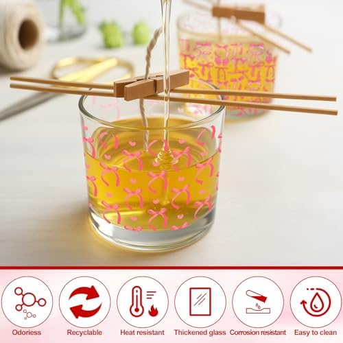 Ziliny 10 Pcs Pink Bow Glass Candle Jars Empty Containers Bulk 7 oz Glass Jars with Cork Lids Tins for Xmas Holiday Candle Making Storing Biscuits Tea Party Favors