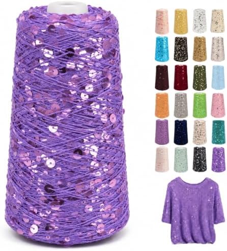 1100Yards Sequin Cotton Yarn for Crocheting Knitting, Sparkle Crochet Thread – 100% Cotton 5-Ply with 3mm 6mm Sequins,Paillettes Yarn for Scarves, Shawls, Sweater DIY Crafting