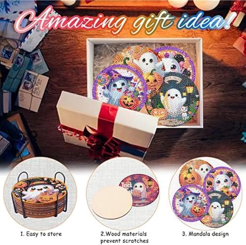 NEGEKFKX 8 Pcs Halloween Horror Ghost Diamond Art Painting Coasters Kits
