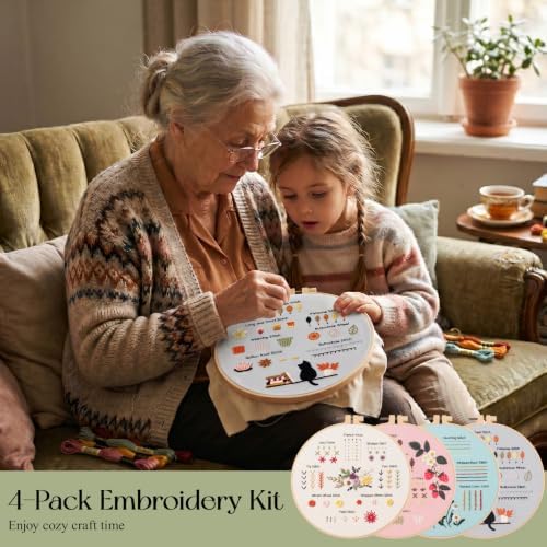 Dadanism Embroidery Kit for Beginners, 4 Pack Starter Embroidery Kits