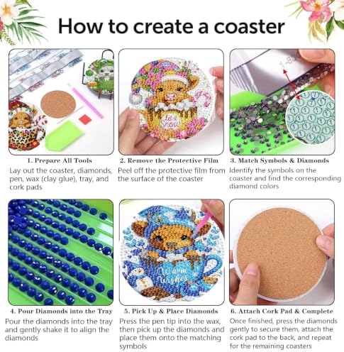 Christmas Cow Diamond Art Coasters Kit, 8 Pieces Diamond Painting Coasters