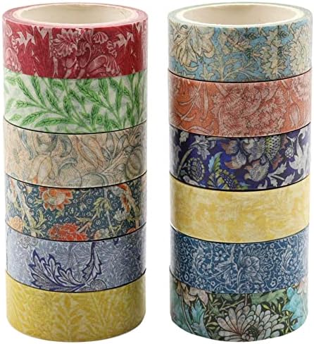 Berkin Arts 12 Rolls Art Floral Designs Washi Tape Set - 15 mm Wide Decorative Adhesive Masking Tape Cloisonnism for Scrapbook Cute Aesthetic William Morris Series
