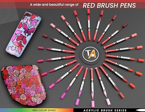 TOOLI-ART 22 Flexible Brush Tip Acrylic Paint Pens Markers Set 1-7mm Line for Rock Painting, Glass, Mugs, Wood, Metal, Canvas, Plastic. Non Toxic Waterbased Quick Drying Assorted Red