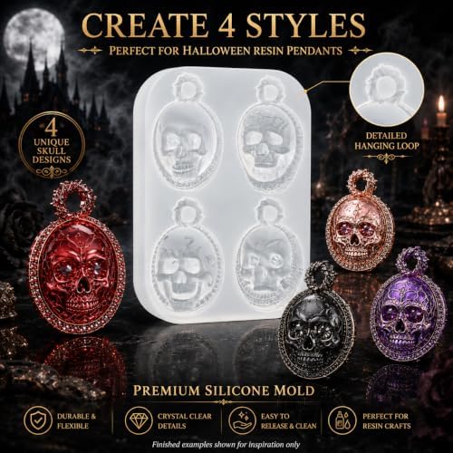 Gothic Vintage Oval Cameo Skull Silicone Resin Mold with Pre-Made Hanging Hole, 4 Cavity Decorative Skull Pendant Epoxy Mold, DIY Jewelry Charm Casting Supplies for Halloween & Christmas Crafts (KL07)
