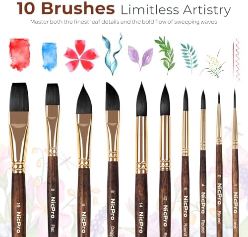 Nicpro Professional Watercolor Brushes Set Synthetic Squirrel Hair, 10 PCS