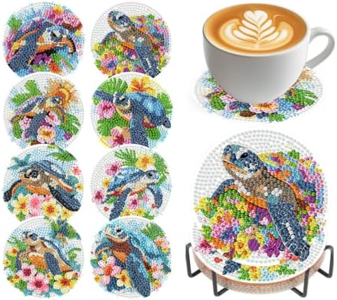 Sea Turtle Diamond Art Coasters Kit, 8 Pieces Diamond Painting Coasters Kit