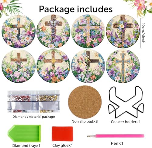 8 Pcs Diamond Art Coasters Kits for Adults, Cross Diamond Coasters 4x4in