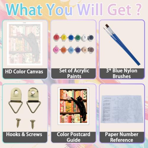 WULINHUAFA Cat Paint by Numbers Adults Beginner 16x20 Inch | Bookshelf Adult Paint by Number Kits, DIY Acrylic Oil Easy Painting by Numbers for Gifts Home Wall Decor Without Frame