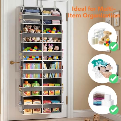 Over the Door Organizer 6 Tiers, Extra Large Behind Door Storage of 12 Compartments, 80 lbs Weight Capacity Hanging Storage Organizer with Clear Window Kids Toys, Shoes, Diapers, Room storage