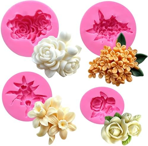 4 Pcs Flower Silicone Molds, Flower Candle Molds for Candle Making,3D Floral Silicone Resin Mold Rose Gardenia Fondant Mold for Chocolate Cake Decorating Soap Wax Resin Crafts