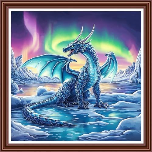 Dimensean Counted Cross Stitch Kit for Beginners, 11CT Unprinted Cross-Stitch Kit Easy Patterns Needlepoint Kit Cross Stitching Embroidery Kit Supplies-Snow Dragon Aurora 18x18 inch