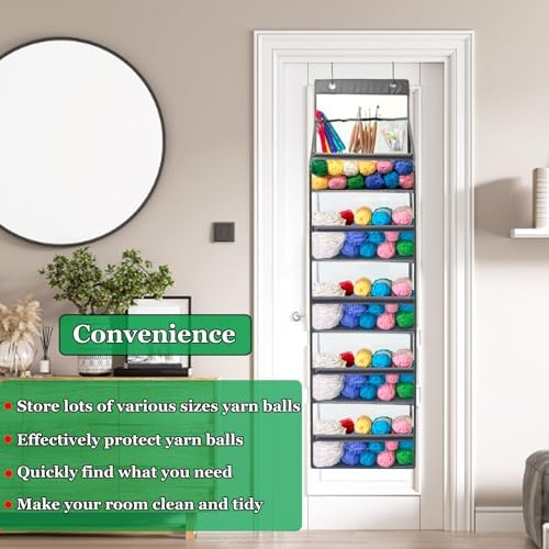 Hanging Yarn Storage Organizer,Large Capacity Yarn Storage Bag with 5 Yarn Balls Storage Pockets & 3 Top Crochet/Knitting Needles Pockets,Transparent Door Hanging Knitting Organizer Storage