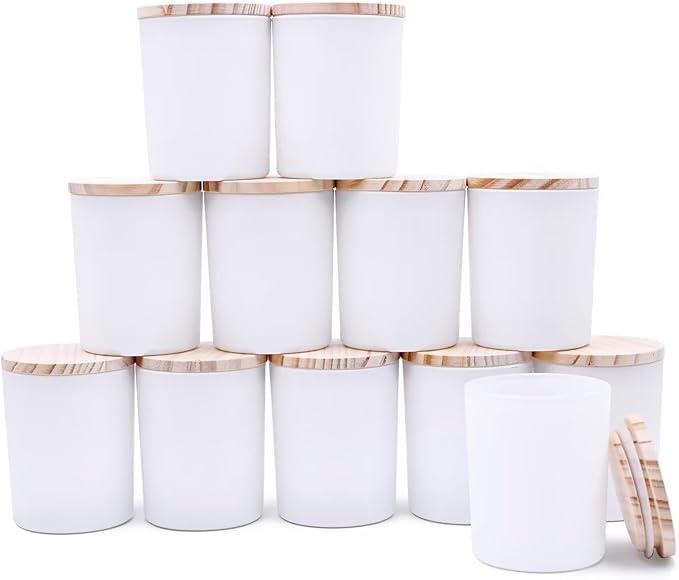 SHOWIN Thick Candle Jars for Making Candles 12 Pcs, 7 OZ Empty Jars with Wood Lids for Candle Making, Sample Container, Matte White