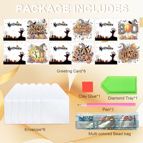 antor 6 Pack Halloween Diamond Art Cards Kits - DIY 5D Diamond Painting Greeting Cards with Envelopes, Handmade Halloween Craft Kits for Adults, Rhinestone Pumpkin Witch Card Set