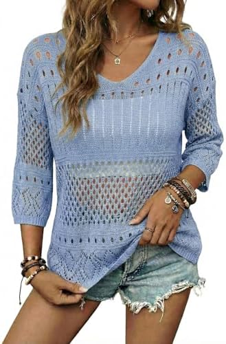 EVALESS Crochet Tops for Women Hollow Out Knit Sweaters