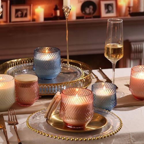 6 Pcs 13.5 OZ Creamy Large Candle Jars for Making Candles, Ribbed Unique Candle Jars, Glass Jars with Wooden Lids and Labels for Candle Making Supplies, Container, Home Decor, Gift