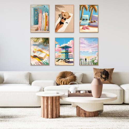 GEEHEIY 6 Pack Paint by Numbers Kit for Adults, Coastal Beach, 8 x 12 Inch | DIY Adult Paint by Number Kits on Canvas for Beginners, without Frame, Home Wall Decor, Stress Relief Craft Gift