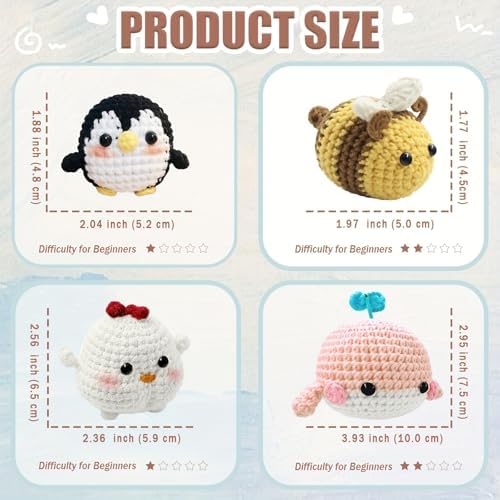 YAMAXIN Crochet Kit for Beginners Adults – 4PCS Animal Amigurumi Yarn Craft Kit with Hooks, Tools & Video Tutorials – DIY Crochet Starter Set (Chick, Whale, Penguin, Bee)