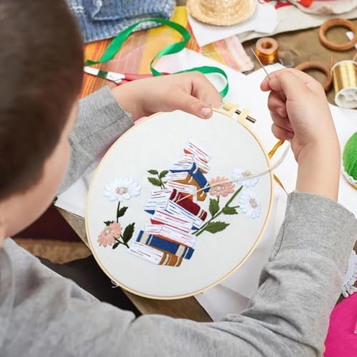 CMINAUS 5 Sets Embroidery Kit for Beginners Adults Book Lover, Embroidery Starter Kit Book Pattern Hand Crewel Needlepoint Cross Stitch Kits Includes 2 Hoops Colored Threads Needles