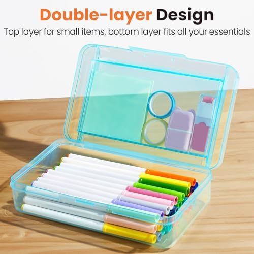 Sooez Double Layer Pencil Box, Large Hard Pencil Case Organizer, Clear Plastic Crayon Box for Girls and Boys, Colored Marker Organizer, Small Plastic Containers/Bins with Lids, Art Supply Storage